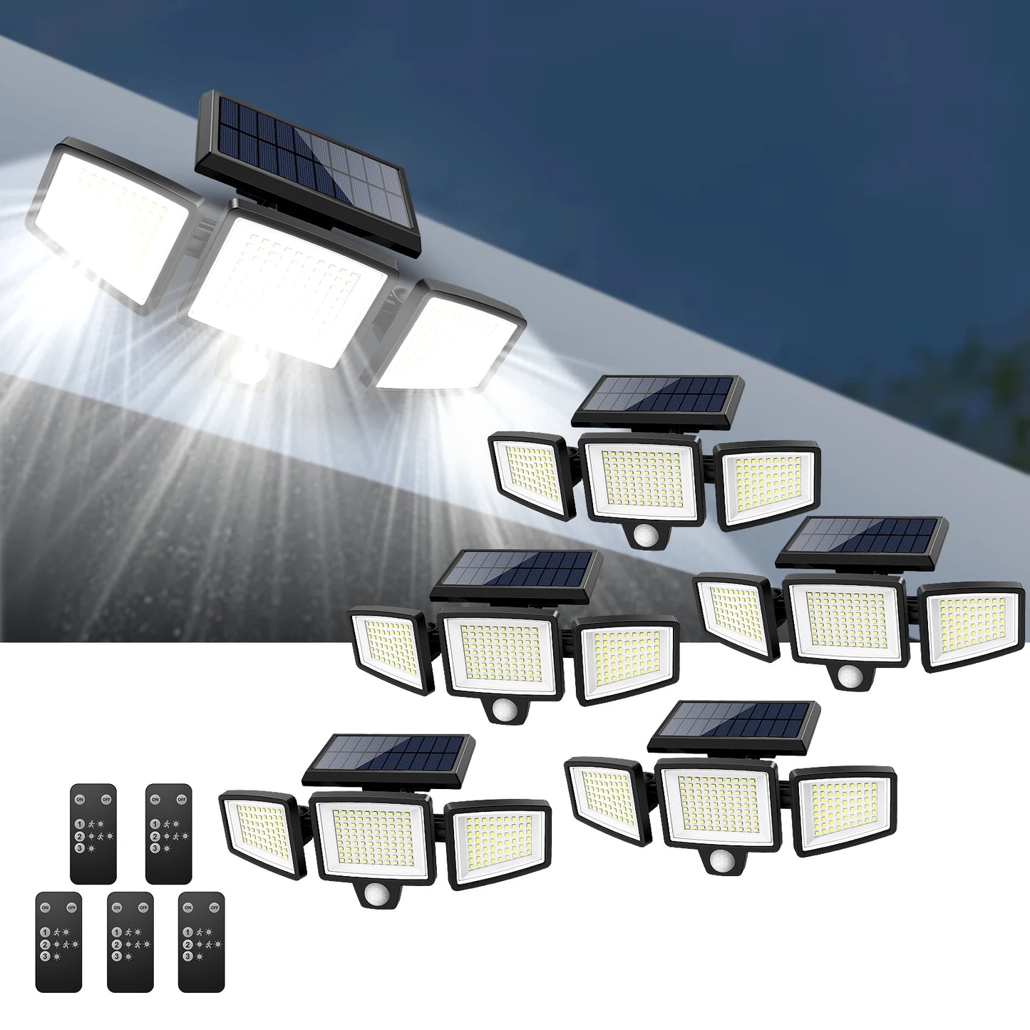 IP65Waterproof Triple Head Outdoor Solar Light, 210LED 2500LM Motion Sensor Safety Light for Porch, Garage, Yard Entrance, Patio