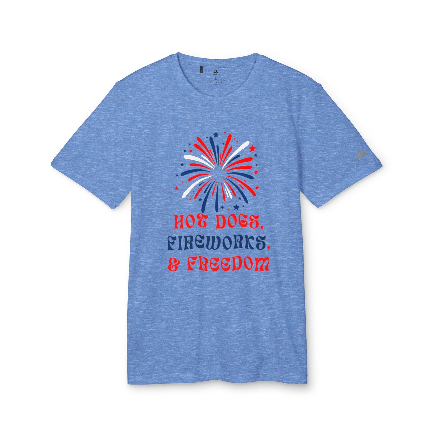 Hot Dogs, Fireworks & Freedom - adidas® Unisex Sport T-shirt | 4th of July | Patriotic adidas® Unisex Sport T-shirt | American Proud Sport T- shirt | Comfort & Designer Sport T-shirt | Gift idea for Independence Day.