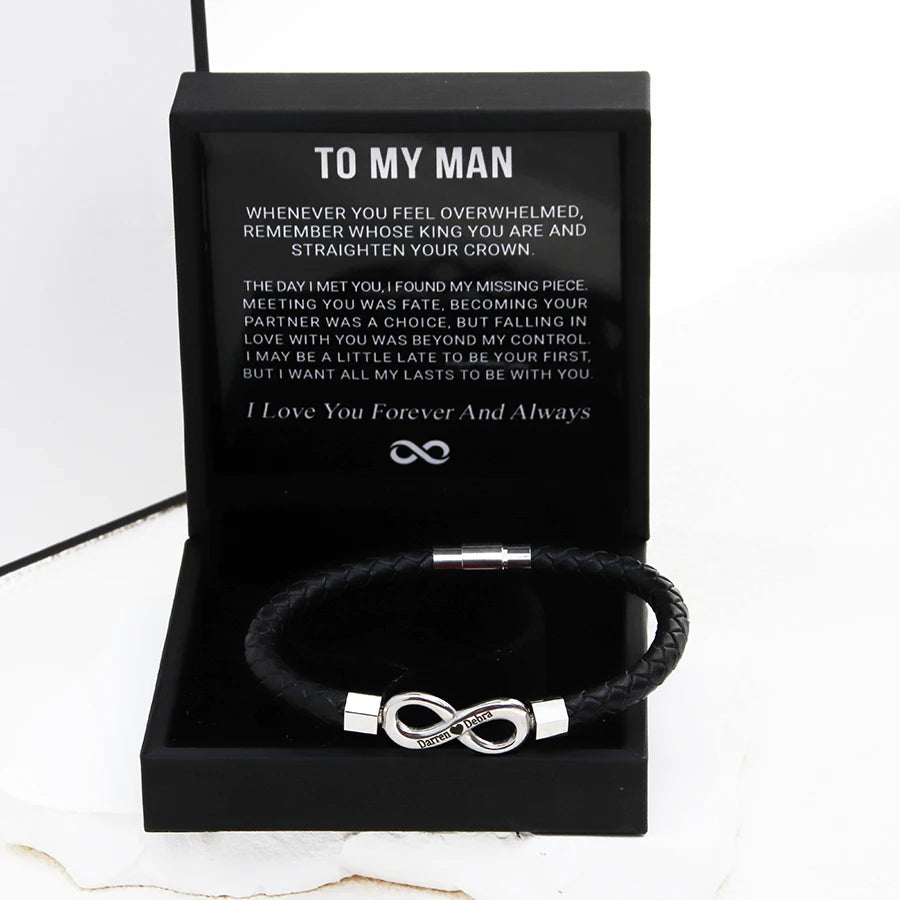 To My Man Peasonalized Dual Name Infinity Leather Bracelet with Custom Name Stainless Steel Braided Bracelet Bangle for Men Gift