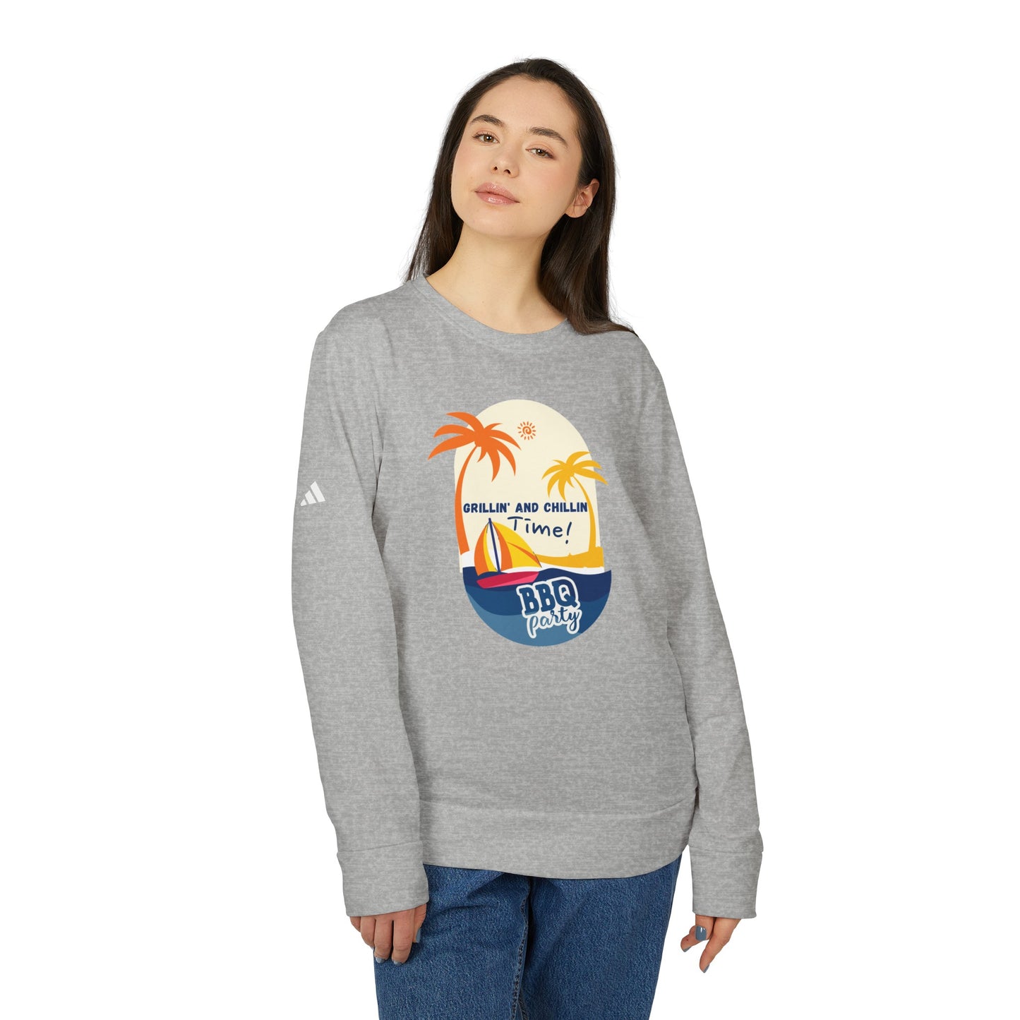 Grillin & Chillin time - adidas® Unisex Fleece Crewneck Sweatshirt | 4th of July | Patriotic adidas® Unisex Fleece Crewneck Sweatshirt | Summer Crewneck Sweatshirt | Comfort & Designer Unisex Fleece Crewneck Sweatshirt | Gift idea for Independence Day.