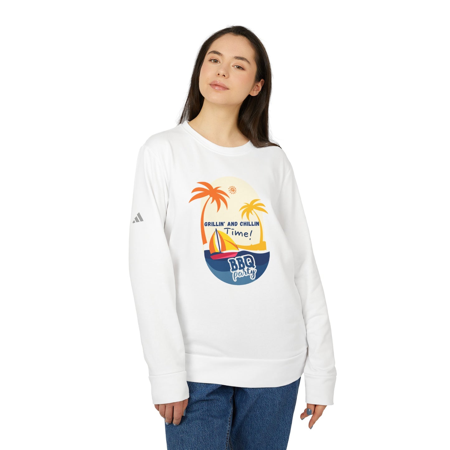 Grillin & Chillin time - adidas® Unisex Fleece Crewneck Sweatshirt | 4th of July | Patriotic adidas® Unisex Fleece Crewneck Sweatshirt | Summer Crewneck Sweatshirt | Comfort & Designer Unisex Fleece Crewneck Sweatshirt | Gift idea for Independence Day.