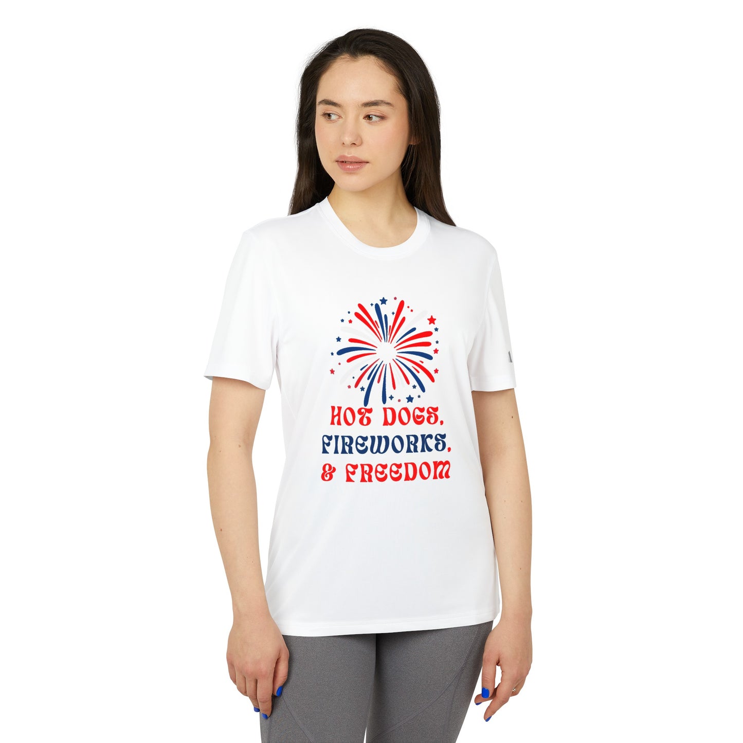 Hot Dogs, Fireworks & Freedom - adidas® Unisex Sport T-shirt | 4th of July | Patriotic adidas® Unisex Sport T-shirt | American Proud Sport T- shirt | Comfort & Designer Sport T-shirt | Gift idea for Independence Day.