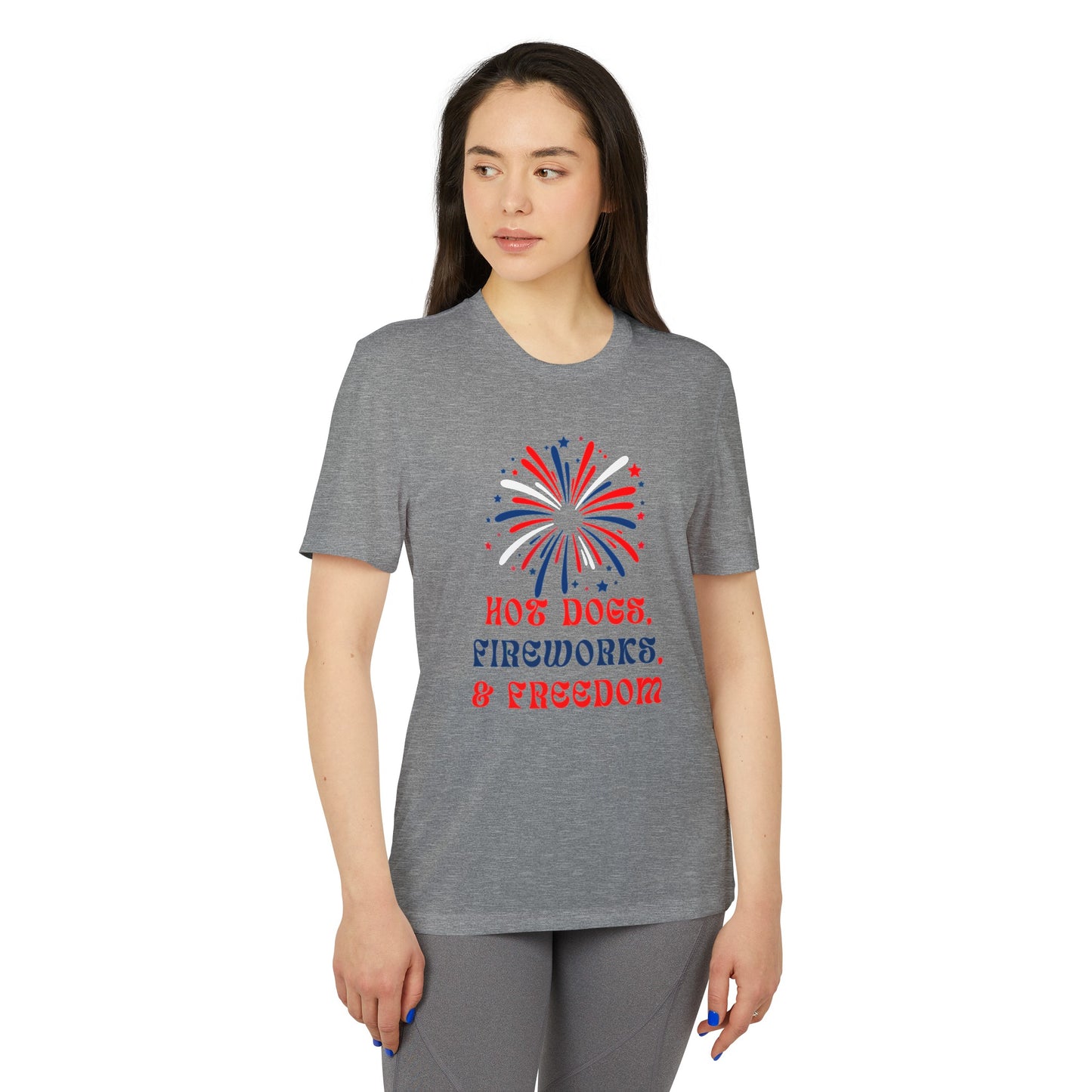 Hot Dogs, Fireworks & Freedom - adidas® Unisex Sport T-shirt | 4th of July | Patriotic adidas® Unisex Sport T-shirt | American Proud Sport T- shirt | Comfort & Designer Sport T-shirt | Gift idea for Independence Day.