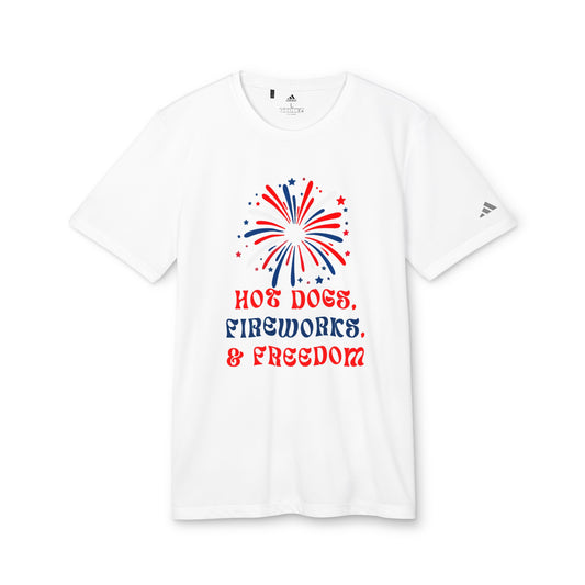 Hot Dogs, Fireworks & Freedom - adidas® Unisex Sport T-shirt | 4th of July | Patriotic adidas® Unisex Sport T-shirt | American Proud Sport T- shirt | Comfort & Designer Sport T-shirt | Gift idea for Independence Day.