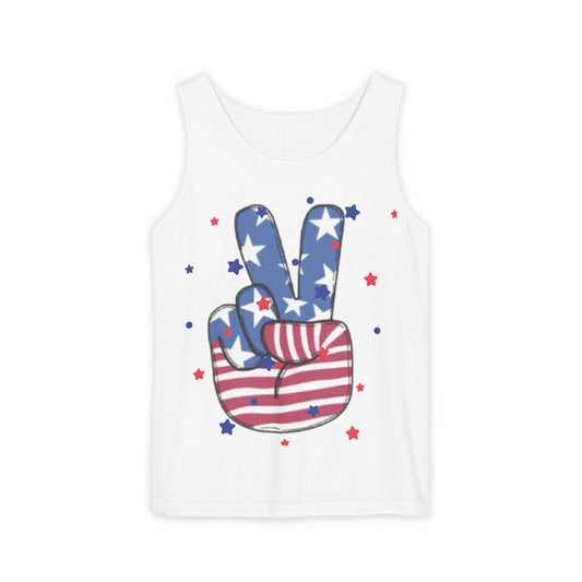 American Peace Hand  - Garment-Dyed Tank Top | 4th of July Outfit | Patriotic Graphic Tee | Independence Day Tank | Let Peace Ring |