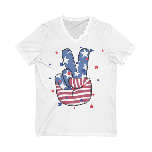 American Peace Hand  - Unisex JERSEY Short Sleeve V-Neck Tee | 4th of July Outfit | Patriotic Graphic Tee | Independence Day Unisex Jersey Short Sleeve V-Neck Tee | Let Peace Ring.