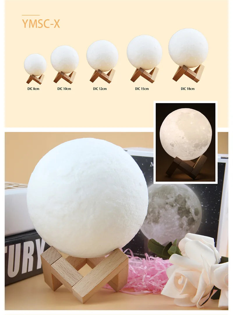 3 Color Rechargeable 3D Print Moon Lamp Touch Moon Lamp LED Night Light Children's Night Lamp Bedroom Decoration Birthday Gifts