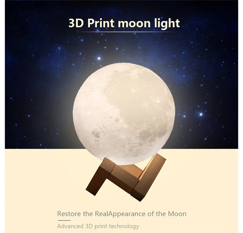 3 Color Rechargeable 3D Print Moon Lamp Touch Moon Lamp LED Night Light Children's Night Lamp Bedroom Decoration Birthday Gifts