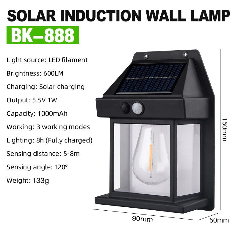 Solar Tungsten Night Lamp Intelligent Motion Sensor Wall Lamp 3 Lighting Modes Waterproof Courtyard Garden Decoration Lantern