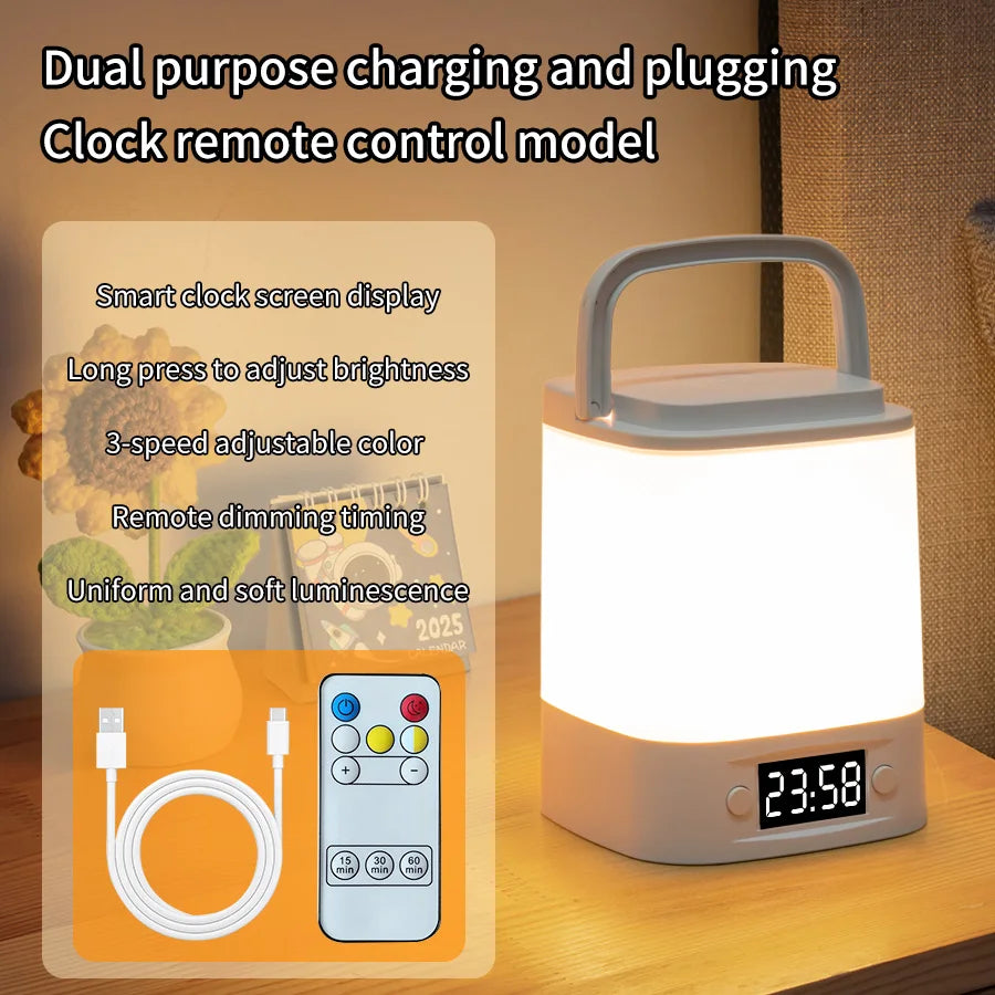 Portable Led Night Light with Clock Time Display Rechargeable Remote Control for Bedroom Bedside Table Lamp Baby Nursery Reading