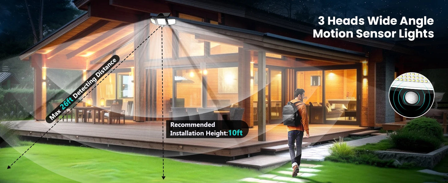 IP65Waterproof Triple Head Outdoor Solar Light, 210LED 2500LM Motion Sensor Safety Light for Porch, Garage, Yard Entrance, Patio