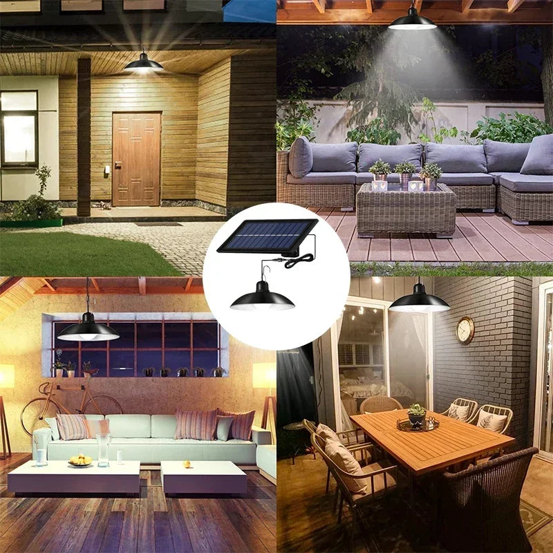 Solar Pendant Light Outdoor Waterproof LED Lamp Double-head Chandelier Decorations with Remote Control for Indoor Shed Barn Room