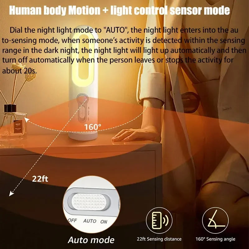 Portable 2 in 1 Flashlight Motion Sensor Night Light Bedroom Bathroom Reading Camping Lighting Baby Feeding Eye Care Bedside Lam