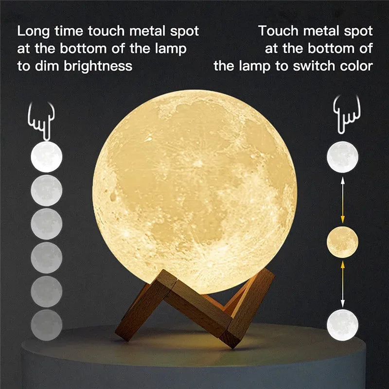3 Color Rechargeable 3D Print Moon Lamp Touch Moon Lamp LED Night Light Children's Night Lamp Bedroom Decoration Birthday Gifts