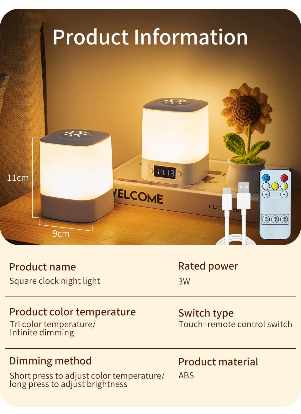 Portable Led Night Light with Clock Time Display Rechargeable Remote Control for Bedroom Bedside Table Lamp Baby Nursery Reading