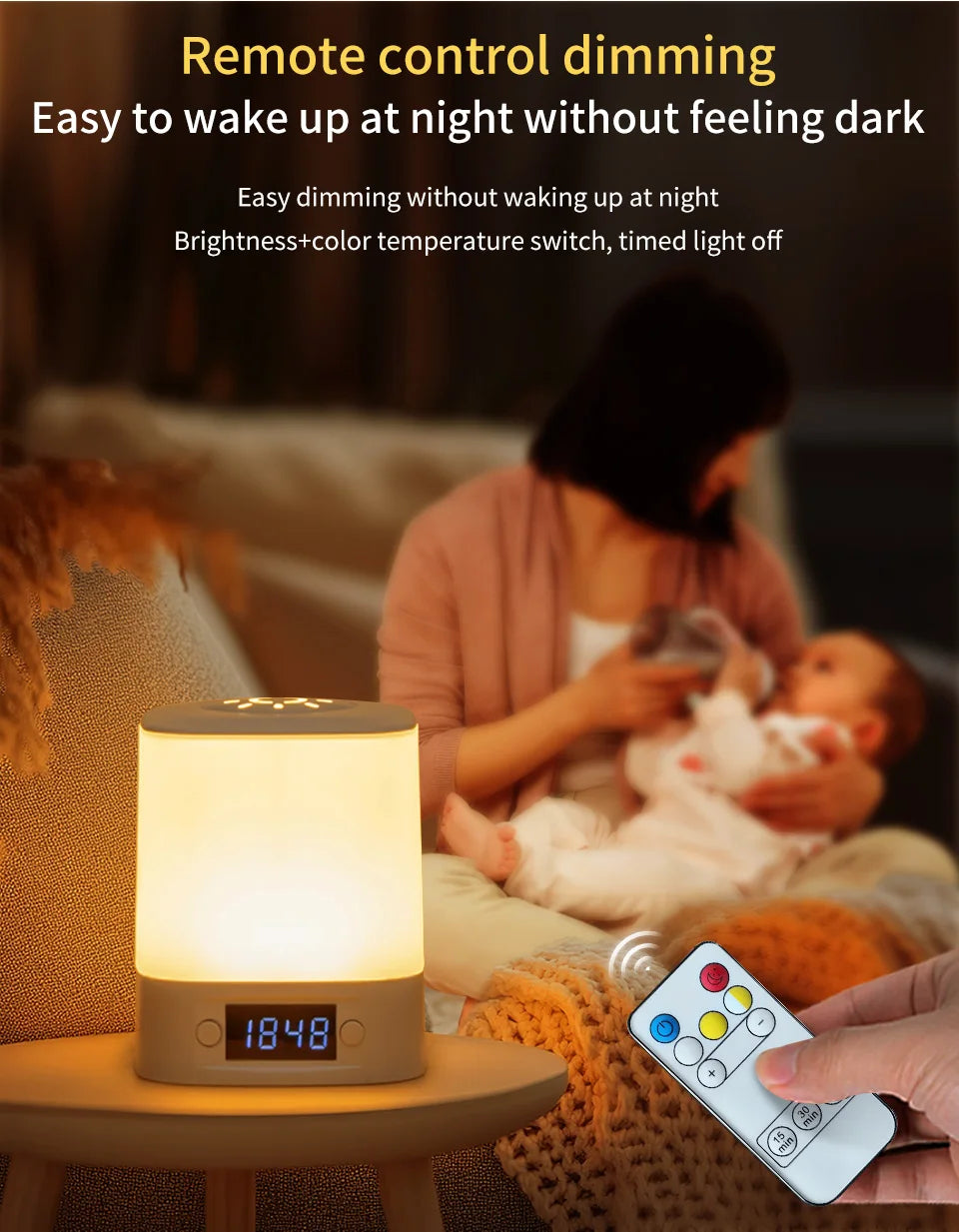 Portable Led Night Light with Clock Time Display Rechargeable Remote Control for Bedroom Bedside Table Lamp Baby Nursery Reading