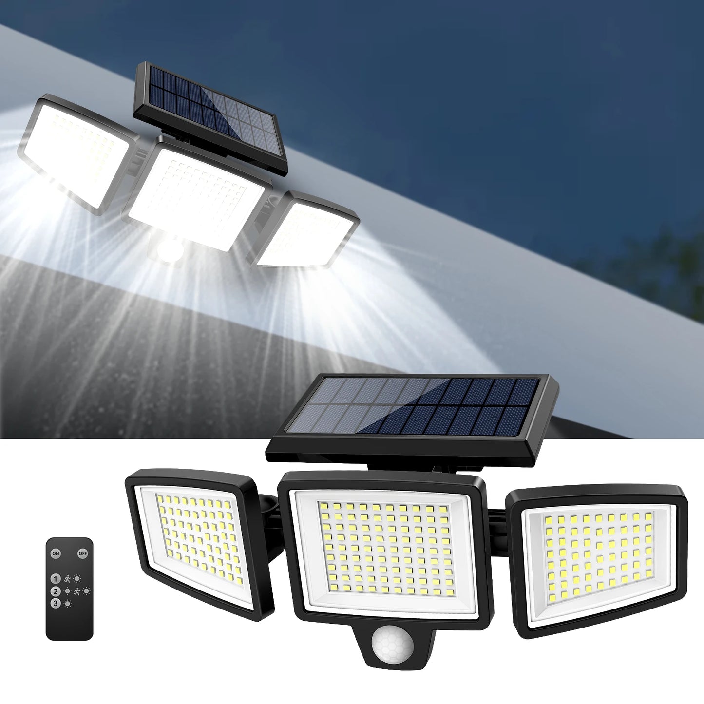 IP65Waterproof Triple Head Outdoor Solar Light, 210LED 2500LM Motion Sensor Safety Light for Porch, Garage, Yard Entrance, Patio