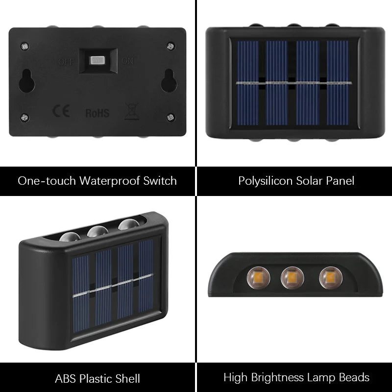 6LED Solar Wall Lights | Outdoor Waterproof Up & Down Lamp for Garden | Patio | Yard | Balcony Deco