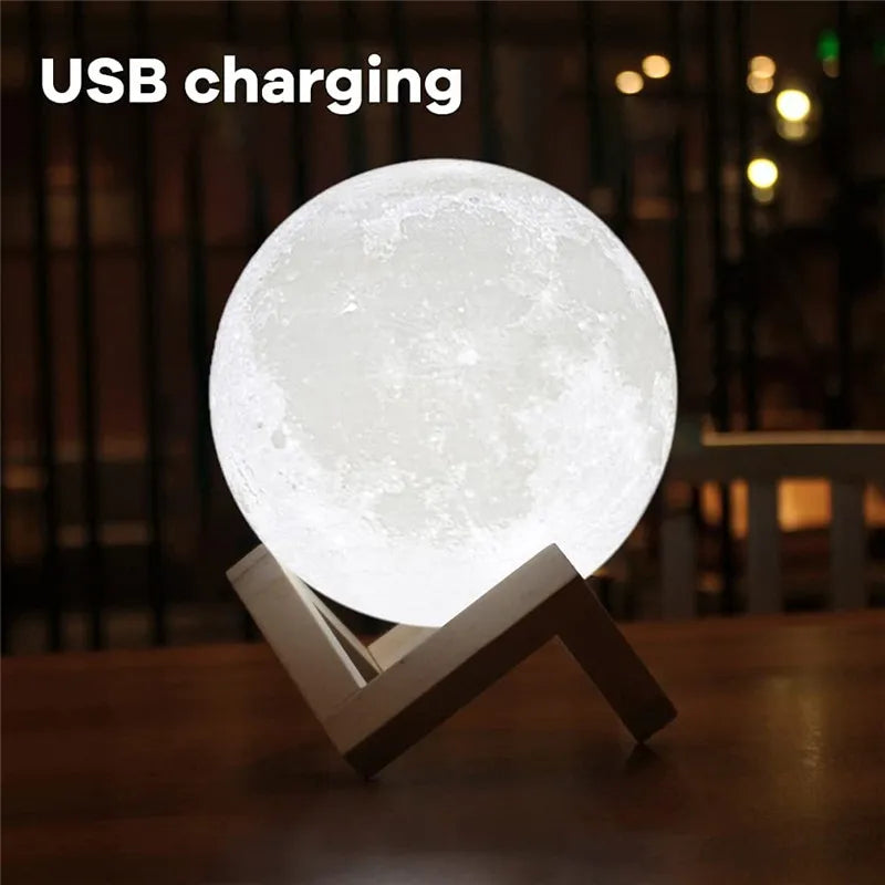3 Color Rechargeable 3D Print Moon Lamp Touch Moon Lamp LED Night Light Children's Night Lamp Bedroom Decoration Birthday Gifts