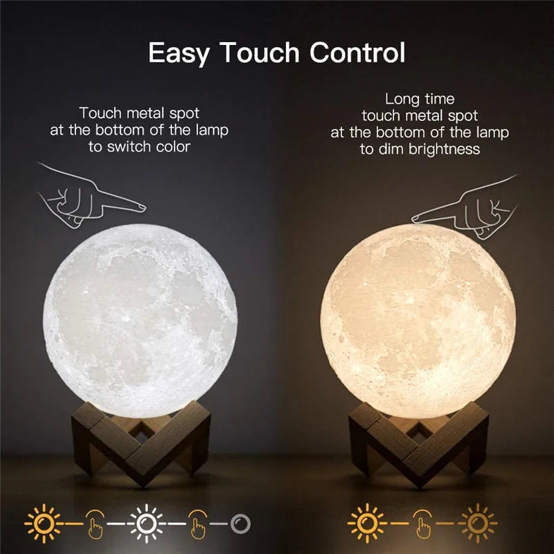 3 Color Rechargeable 3D Print Moon Lamp Touch Moon Lamp LED Night Light Children's Night Lamp Bedroom Decoration Birthday Gifts