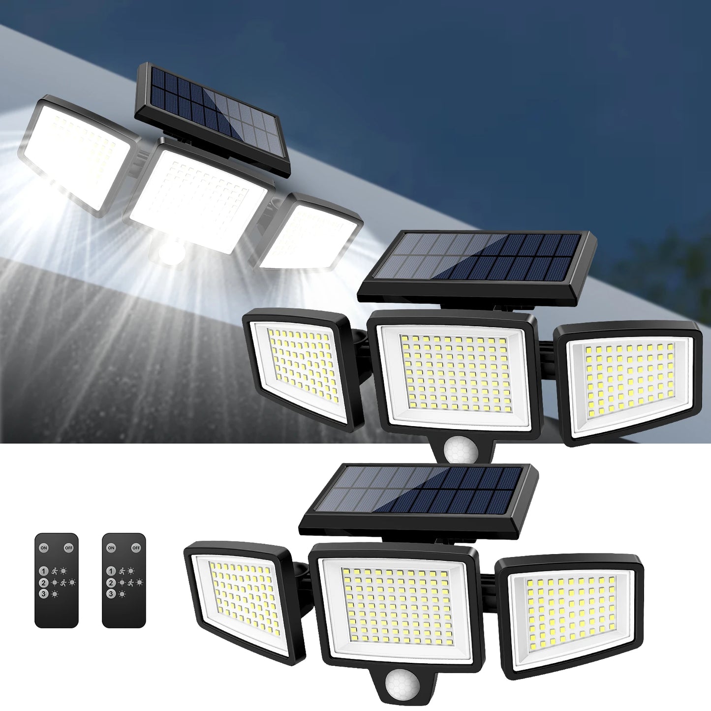 IP65Waterproof Triple Head Outdoor Solar Light, 210LED 2500LM Motion Sensor Safety Light for Porch, Garage, Yard Entrance, Patio