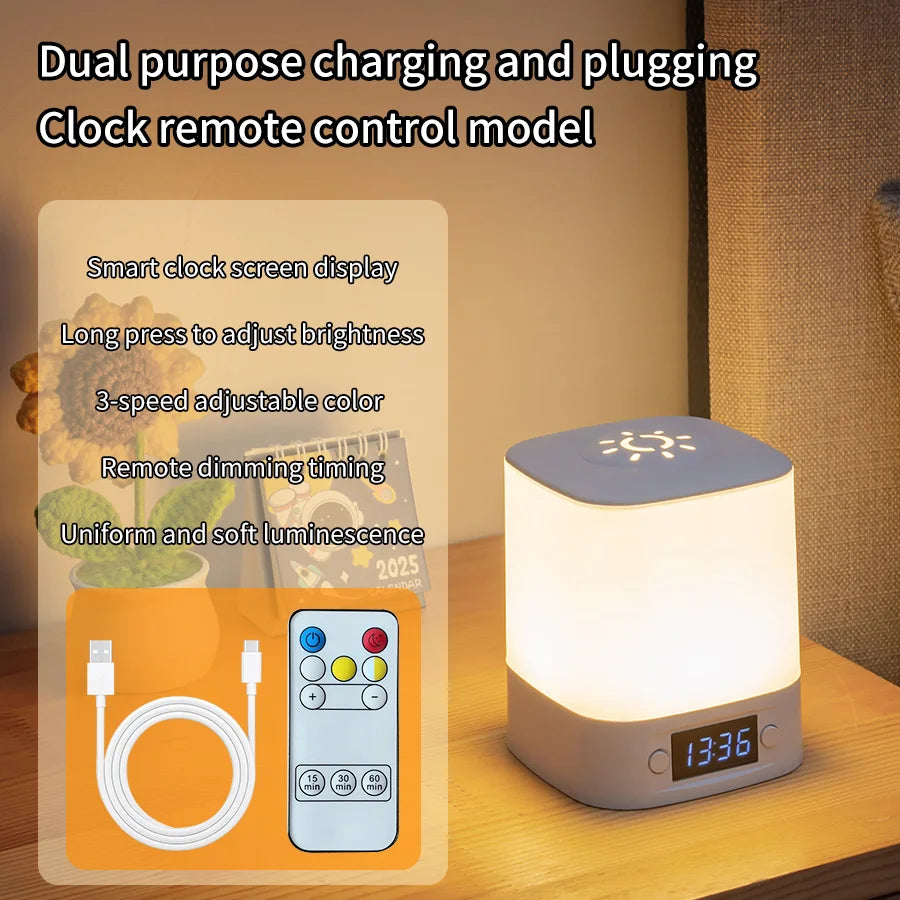 Portable Led Night Light with Clock Time Display Rechargeable Remote Control for Bedroom Bedside Table Lamp Baby Nursery Reading