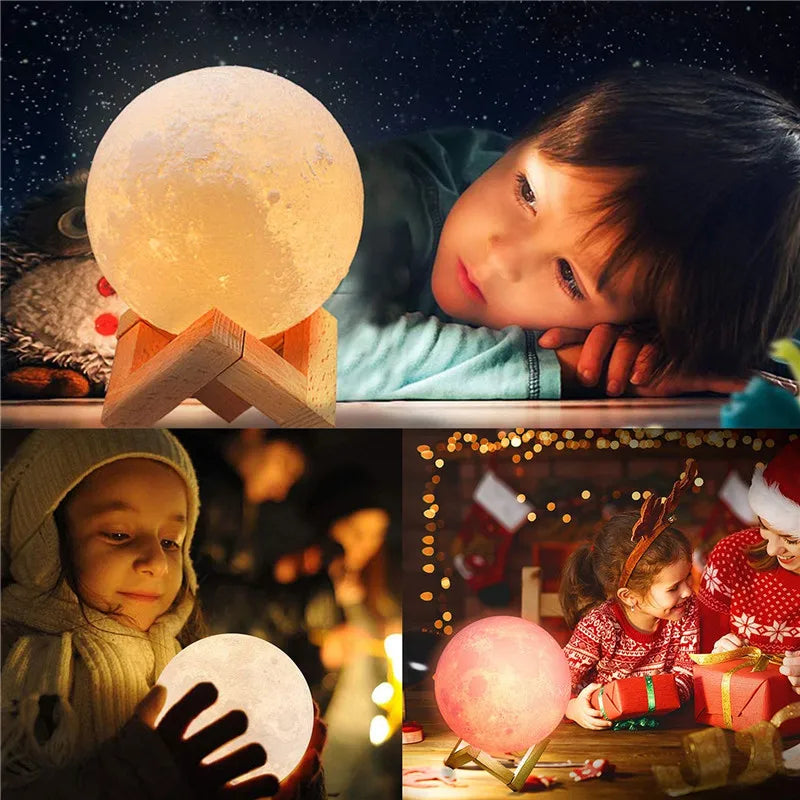 3 Color Rechargeable 3D Print Moon Lamp Touch Moon Lamp LED Night Light Children's Night Lamp Bedroom Decoration Birthday Gifts