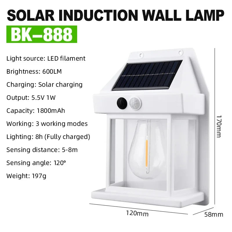 Solar Tungsten Night Lamp Intelligent Motion Sensor Wall Lamp 3 Lighting Modes Waterproof Courtyard Garden Decoration Lantern