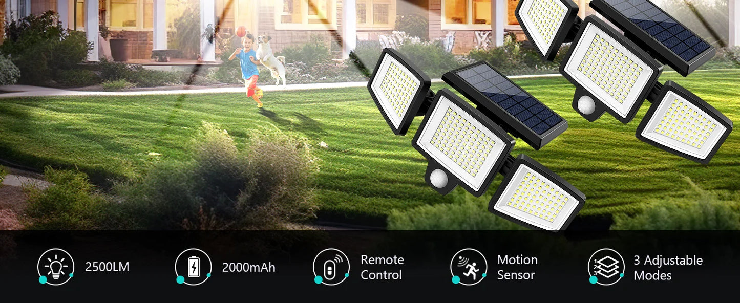 IP65Waterproof Triple Head Outdoor Solar Light, 210LED 2500LM Motion Sensor Safety Light for Porch, Garage, Yard Entrance, Patio