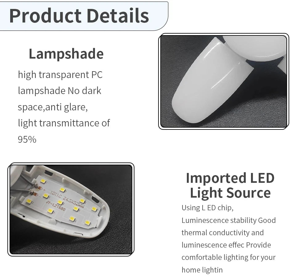 Foldable LED Garage Light Bulb | E27, 40 LEDs, 6500K White | For Kitchen | Indoor | Living Room | Attic Light