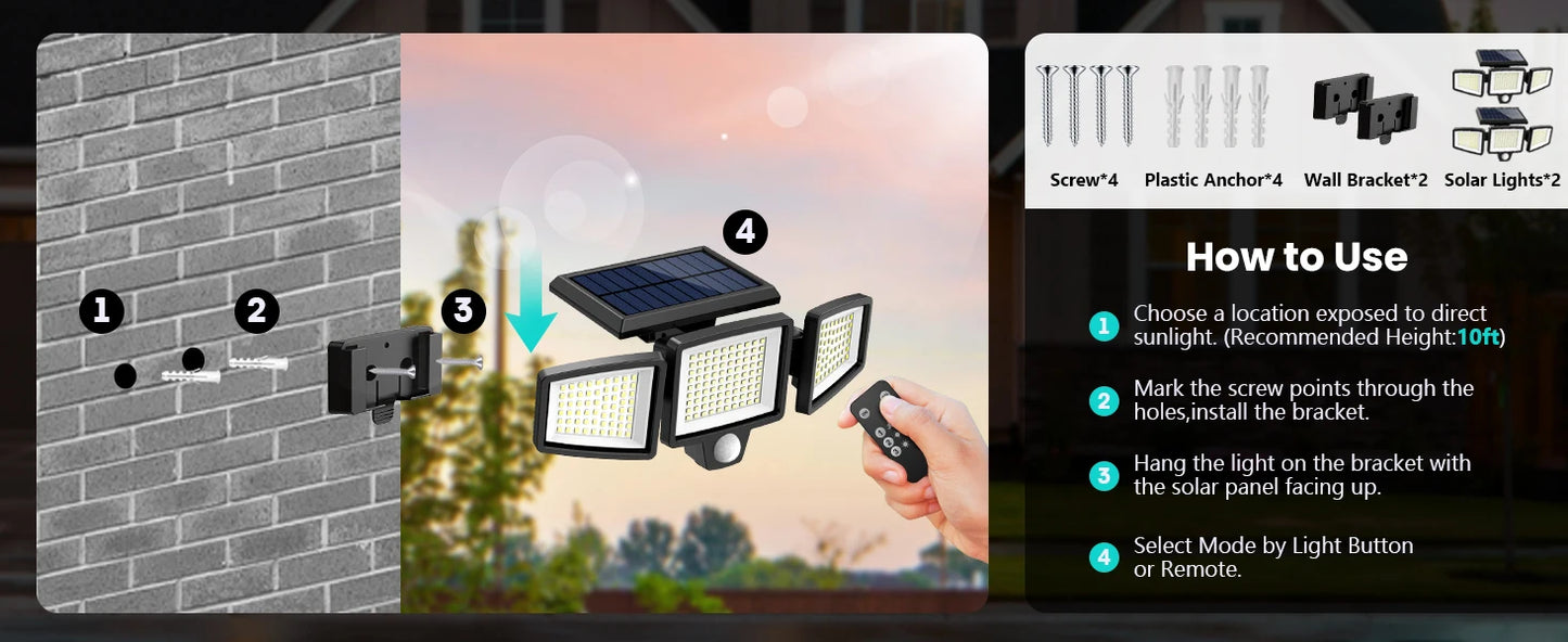 IP65Waterproof Triple Head Outdoor Solar Light, 210LED 2500LM Motion Sensor Safety Light for Porch, Garage, Yard Entrance, Patio