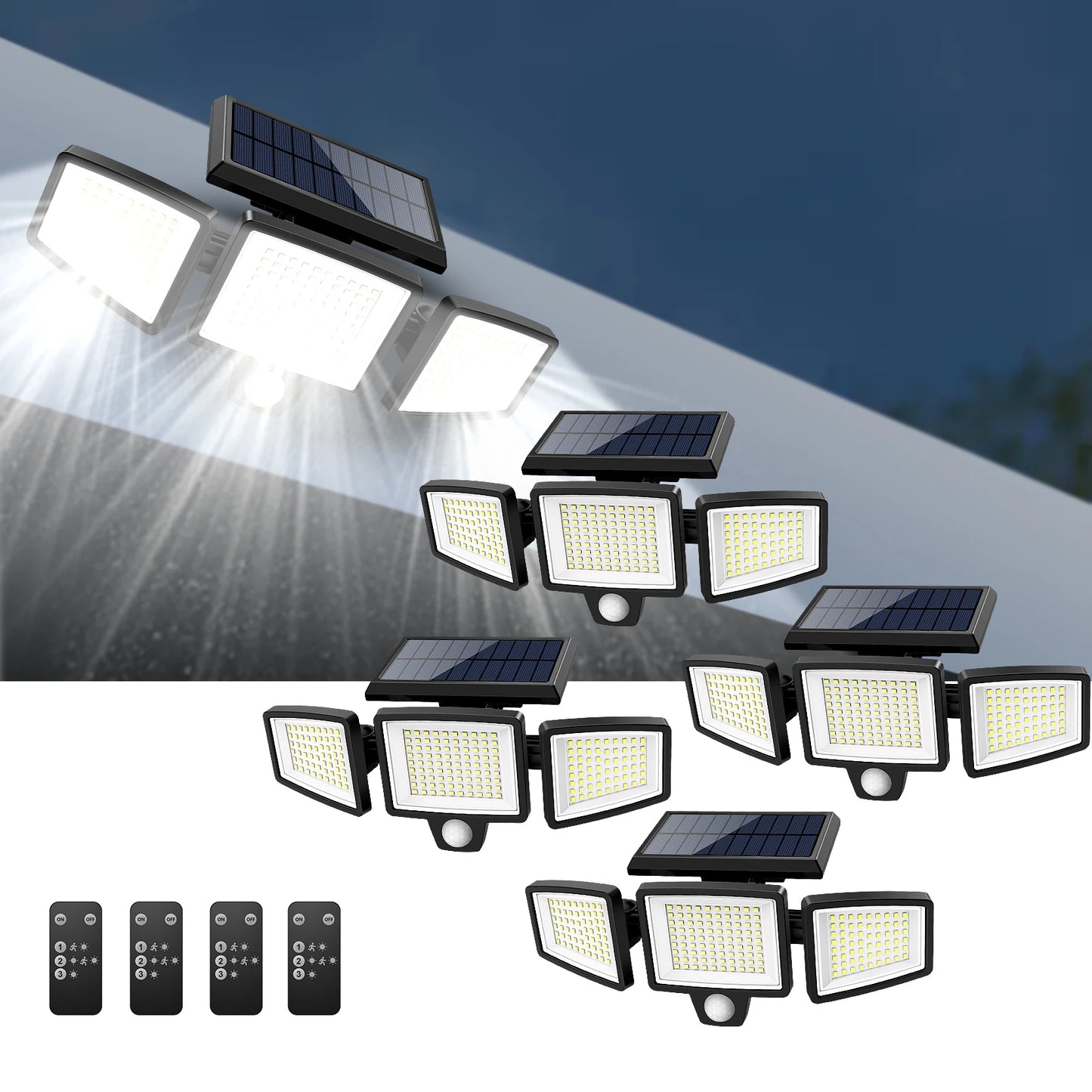 IP65Waterproof Triple Head Outdoor Solar Light, 210LED 2500LM Motion Sensor Safety Light for Porch, Garage, Yard Entrance, Patio