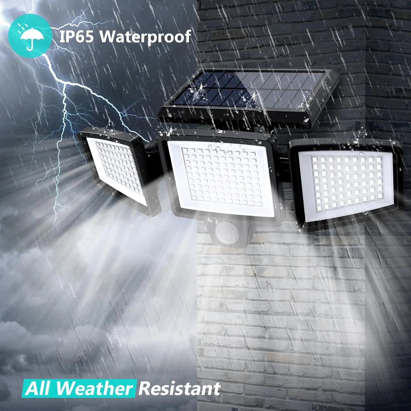 IP65Waterproof Triple Head Outdoor Solar Light, 210LED 2500LM Motion Sensor Safety Light for Porch, Garage, Yard Entrance, Patio