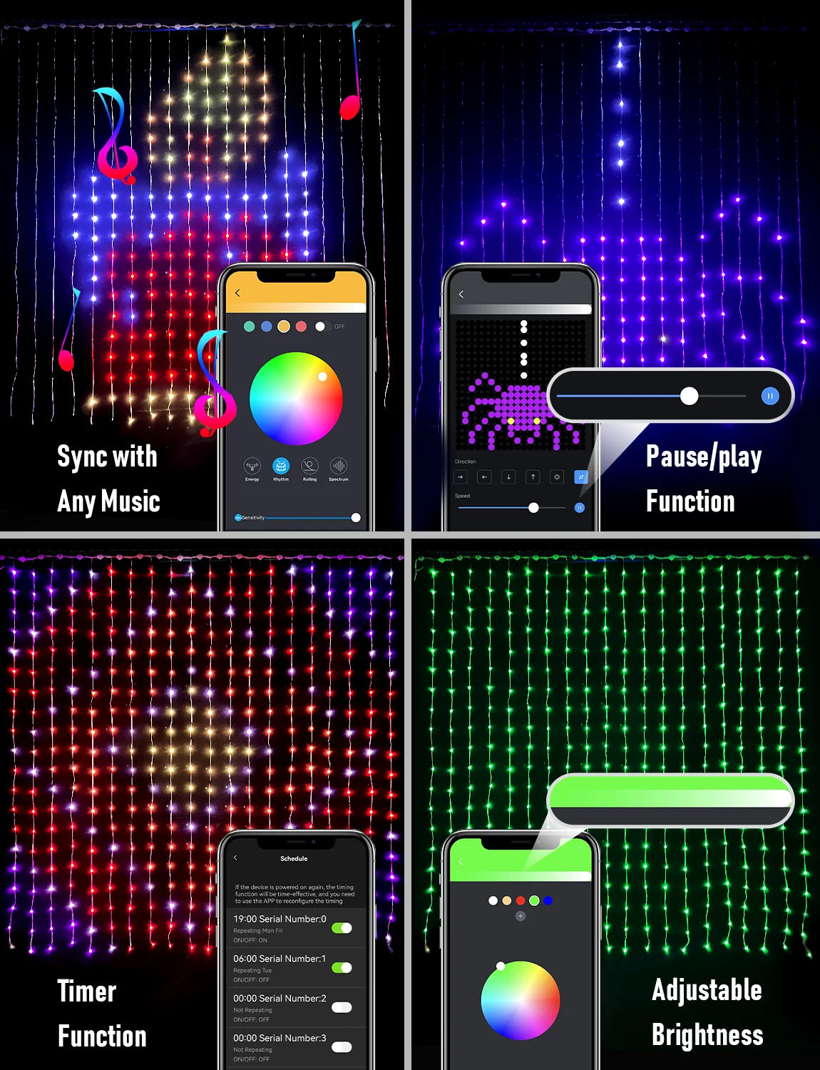 400LEDs Smart Curtain Lights Bluetooth App LED String RGB Fairy Lights DIY Music Change Display for Window Bedroom Decoration
