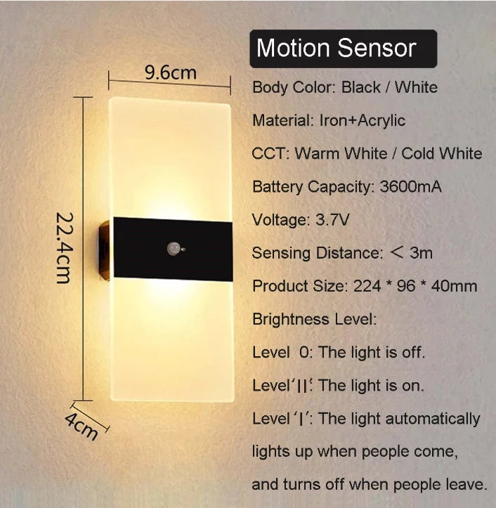 USB Rechargeable LED Wall Lamp – Touch & Motion Sensor Night Light