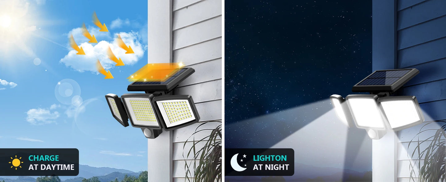 IP65Waterproof Triple Head Outdoor Solar Light, 210LED 2500LM Motion Sensor Safety Light for Porch, Garage, Yard Entrance, Patio
