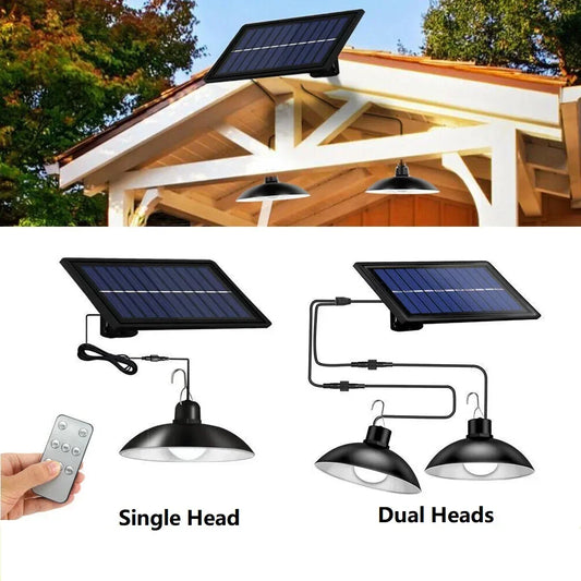 Solar Pendant Light Outdoor Waterproof LED Lamp Double-head Chandelier Decorations with Remote Control for Indoor Shed Barn Room