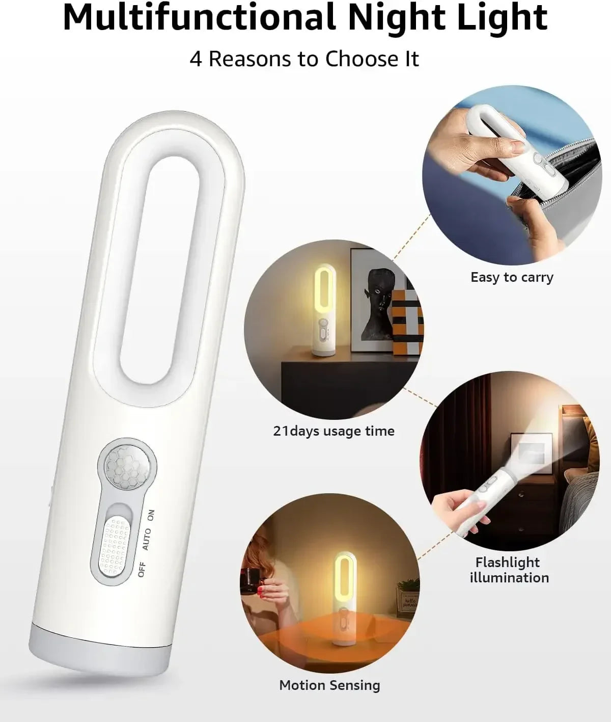 Portable 2 in 1 Flashlight Motion Sensor Night Light Bedroom Bathroom Reading Camping Lighting Baby Feeding Eye Care Bedside Lam