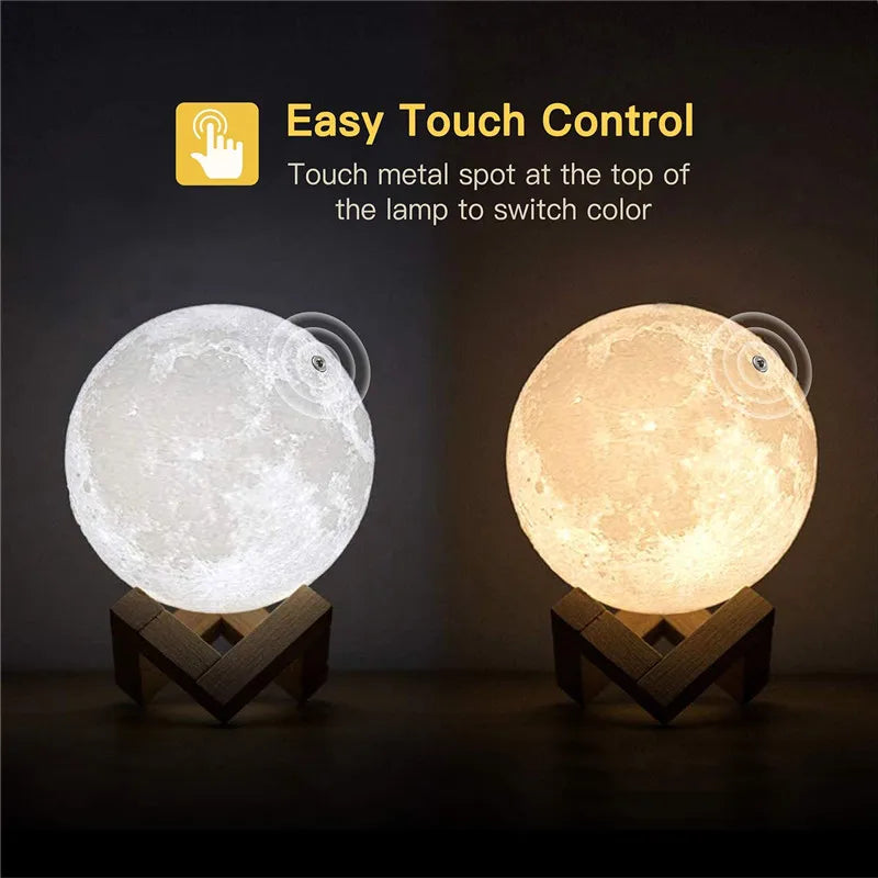3 Color Rechargeable 3D Print Moon Lamp Touch Moon Lamp LED Night Light Children's Night Lamp Bedroom Decoration Birthday Gifts