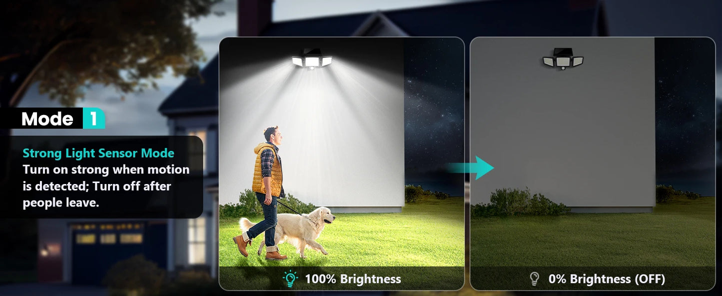 IP65Waterproof Triple Head Outdoor Solar Light, 210LED 2500LM Motion Sensor Safety Light for Porch, Garage, Yard Entrance, Patio