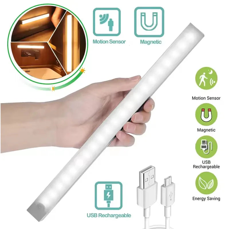 LED Motion Sensor Bar Light Rechargeable Induction Night Light Portable Cordless Magnetic Cabinet Lamp for Kitchen Room Bedside