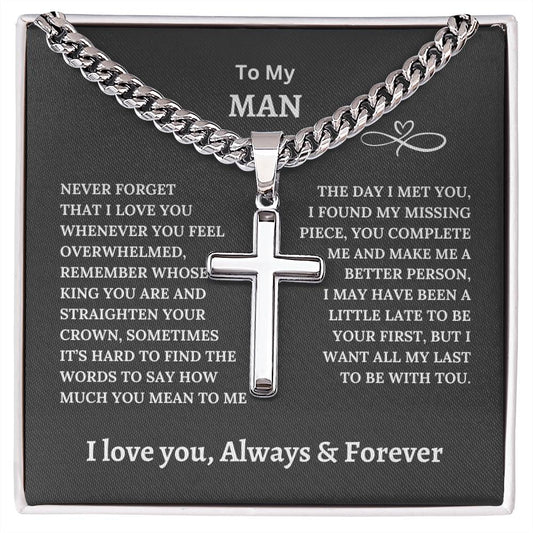 To My Man Cuban Chain with Artisan Cross Necklace, Necklace for Him, Anniversary Gift For Husband, Romantic Birthday Gift for Boyfriend