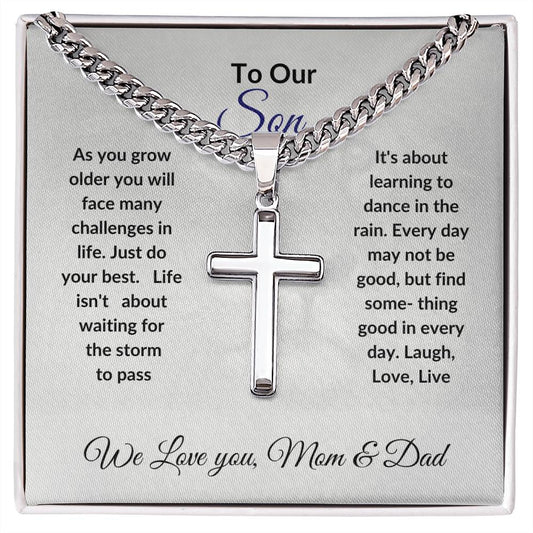 Artisan Cross Necklace on Cuban Chain w/ MC Gift For Son || Gift for Husband t || Artisan Cuban Chain Necklace for Man || Gift For Boyfriend || Gift For Man