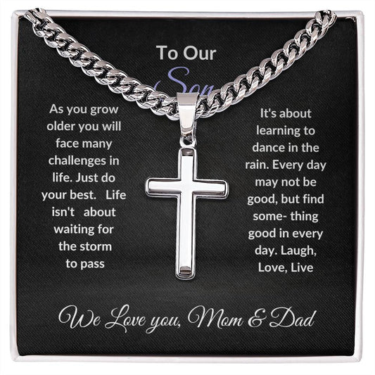 Artisan Cross Necklace on Cuban Chain w/ MC Gift For Son || Gift for Husband t || Artisan Cuban Chain Necklace for Man || Gift For Boyfriend || Gift For Man