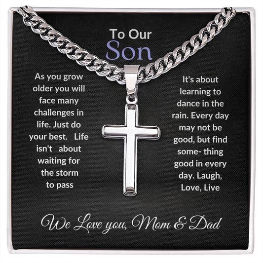 Artisan Cross Necklace on Cuban Chain w/ MC Gift For Son || Gift for Husband t || Artisan Cuban Chain Necklace for Man || Gift For Boyfriend || Gift For Man