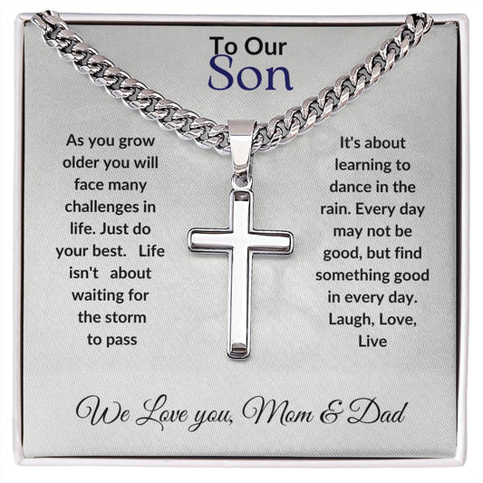 Artisan Cross Necklace on Cuban Chain w/ MC Gift For Son | Gift for Grandson