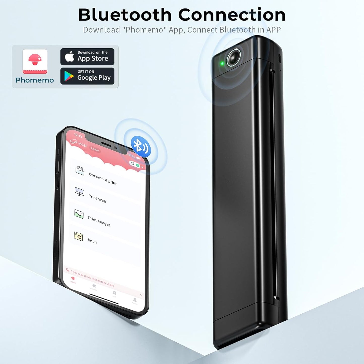 Portable Printer Wireless for Travel, M08F Thermal Printer for Home Use Bluetooth Inkless Printer Support 8.5" X 11" Thermal Paper, Compact Printer Compatible with Android Ios Phone & Laptop